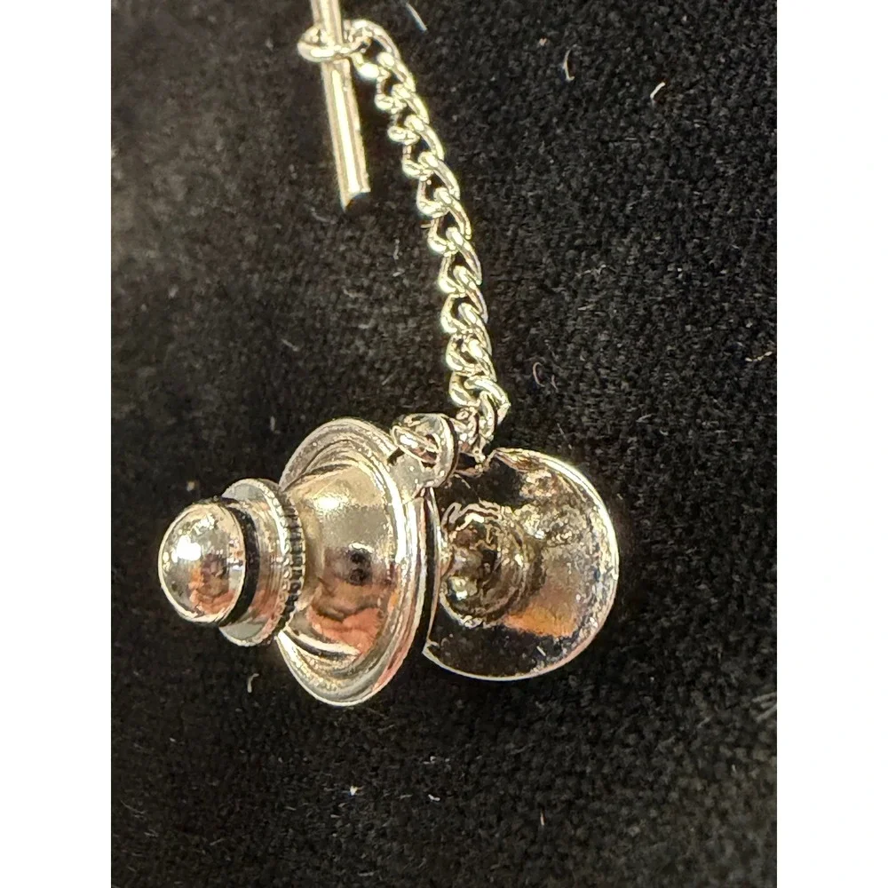 Vintage Silver Tone Chevron Etched Oval Tie Tack with Security Chain T-Bar